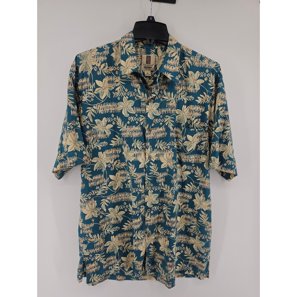 Tori Richard Honolulu Mens Teal FloralTribal Cotton Lawn Aloha Shirt L 0300-1015
